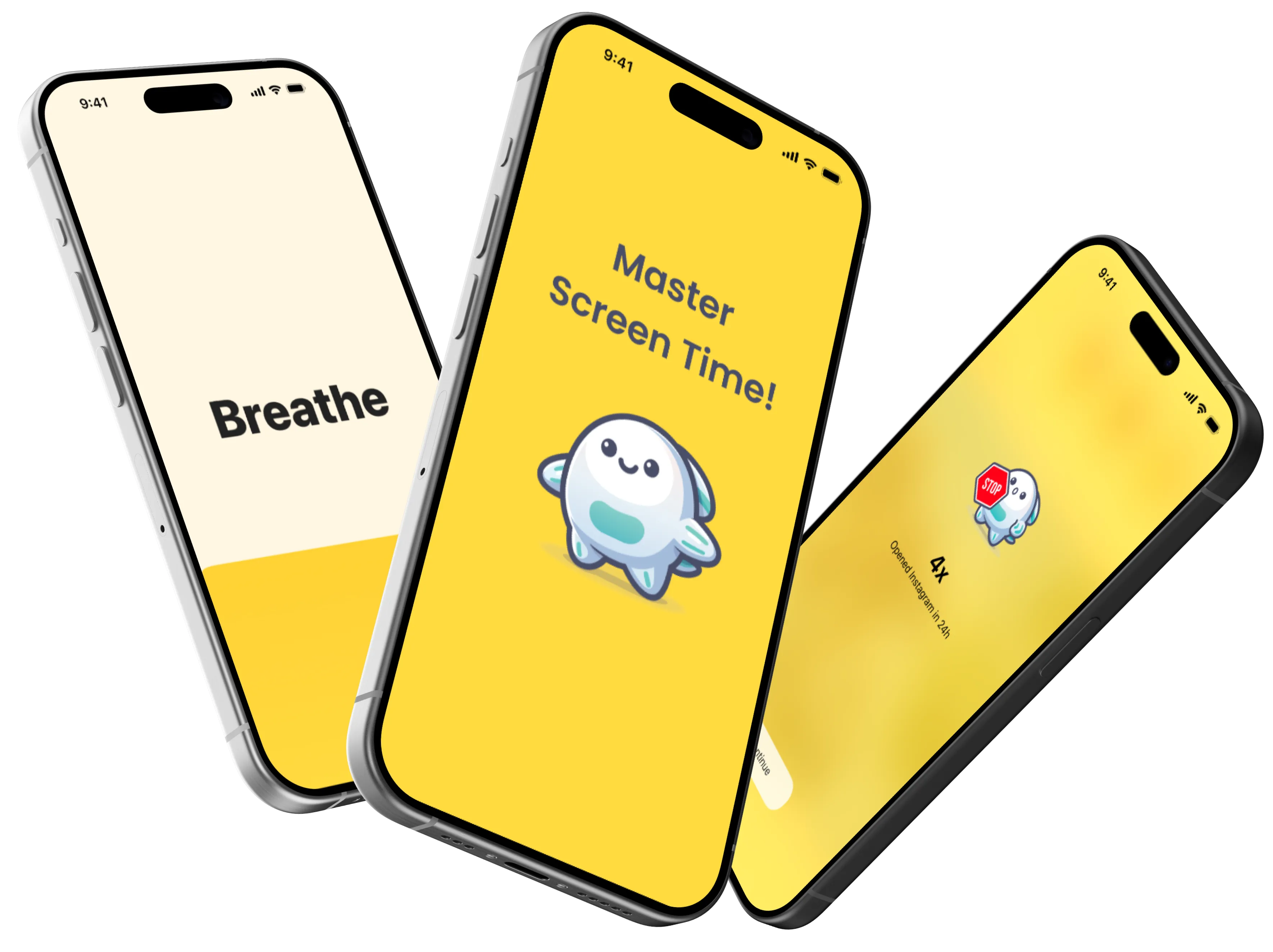 FlowBuddy app shown on three iPhones
