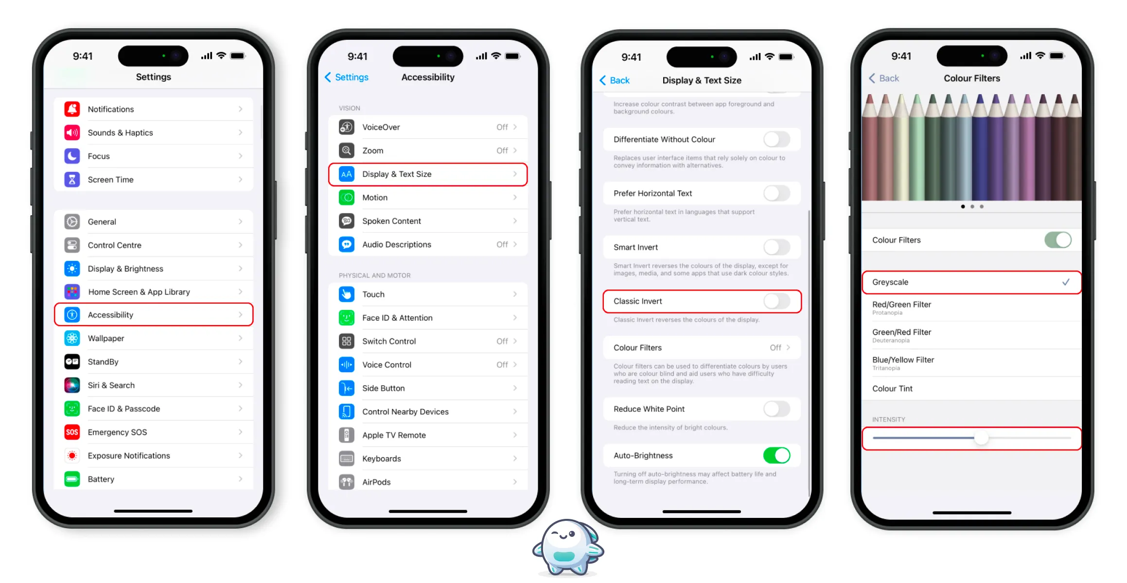 4 iPhone Screens showing the steps needed to turn the iphone to grayscale